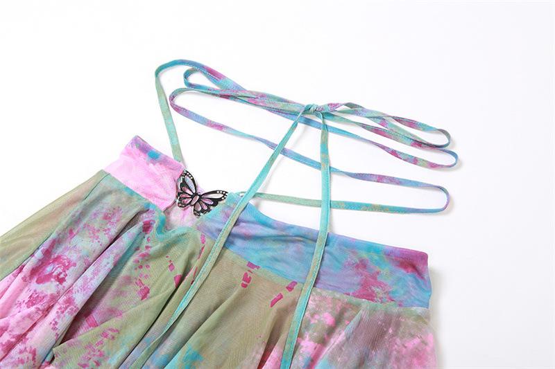 acelimosf™-Flared sleeve tie dye o ring self tie halter low cut mini skirt set