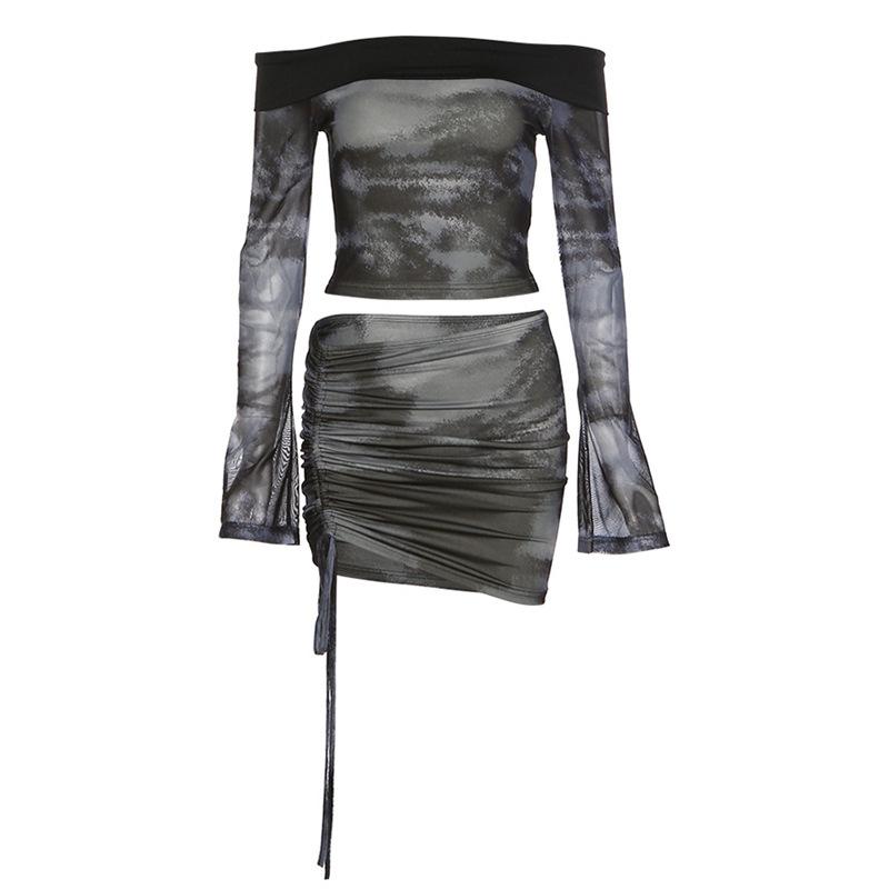 acelimosf™-Long sleeve off shoulder contrast tie dye drawstring mini skirt set