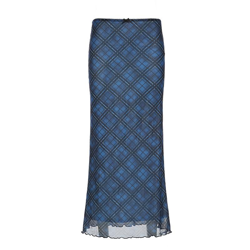 acelimosf™-Bowknot mesh ruffle print plaid maxi skirt