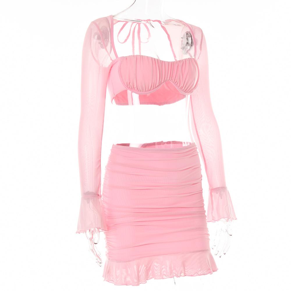 acelimosf™-Mesh hollow out solid ruffle long sleeve ruched mini skirt set