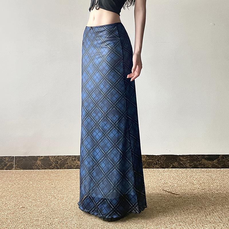 acelimosf™-Bowknot mesh ruffle print plaid maxi skirt