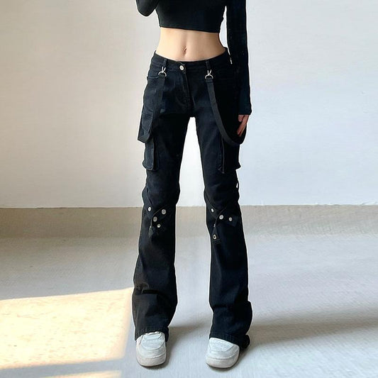 acelimosf™-Button cargo pocket ribbon low rise solid jeans y2k 90s Revival Techno Fashion