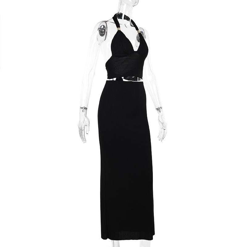 acelimosf™-Halter v neck knotted backless maxi skirt set