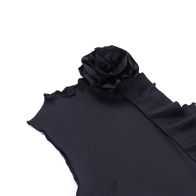 acelimosf™-Solid ruffle flower applique sleeveless mini skirt set