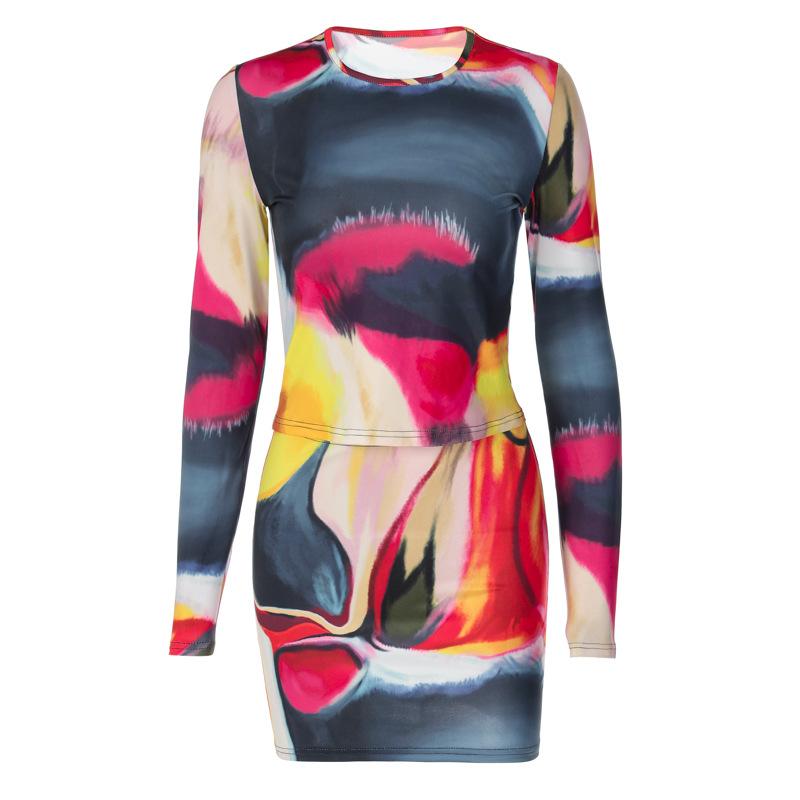 acelimosf™-Long sleeve tie dye round neck mini skirt set cyberpunk Sci-Fi Fashion