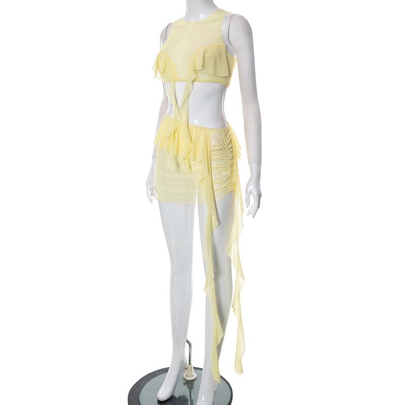 acelimosf™-Sheer mesh see through solid ruffle ribbon sleeveless mini skirt set