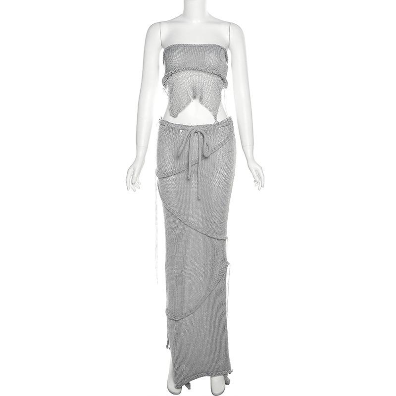 acelimosf™-Backless self tie slit solid tube knitted maxi skirt set