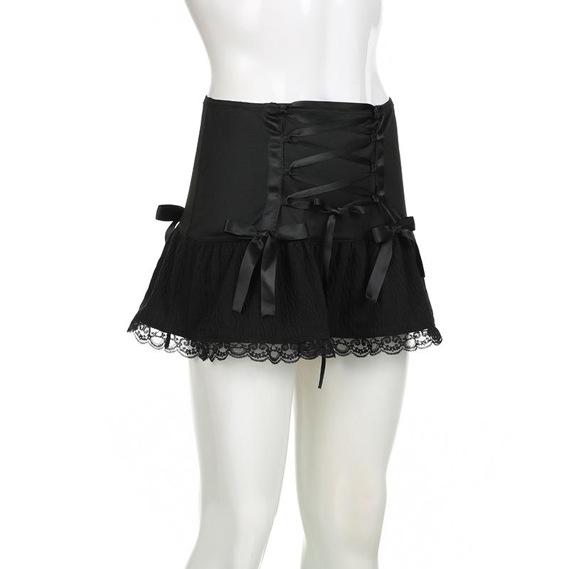 acelimosf™-Lace up ruched lace hem solid bowknot low rise mini skirt