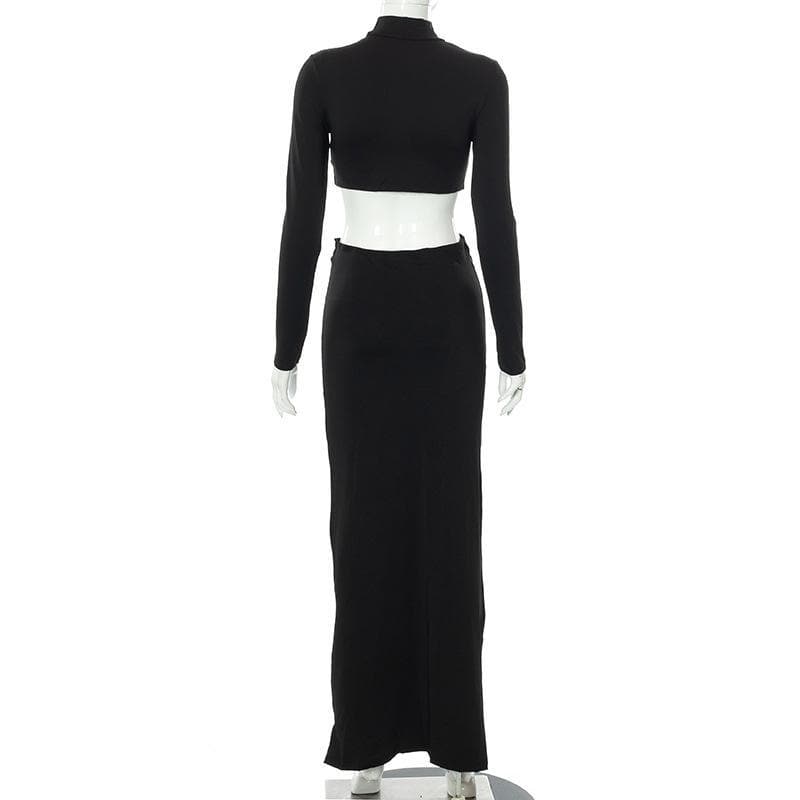 acelimosf™-High neck long sleeve ruched solid maxi skirt set y2k 90s Revival Techno Fashion