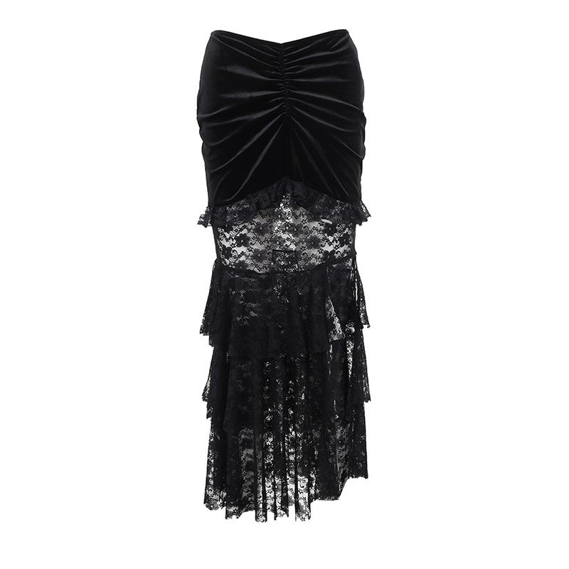 acelimosf™-Velvet lace ruched slit midi skirt