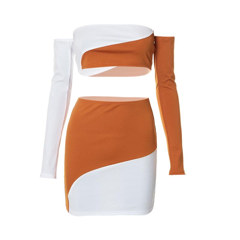 acelimosf™-Contrast patchwork off shoulder long sleeve backless mini skirt set