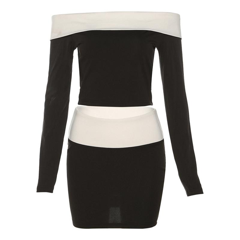 acelimosf™-Contrast patchwork off shoulder long sleeve mini skirt set