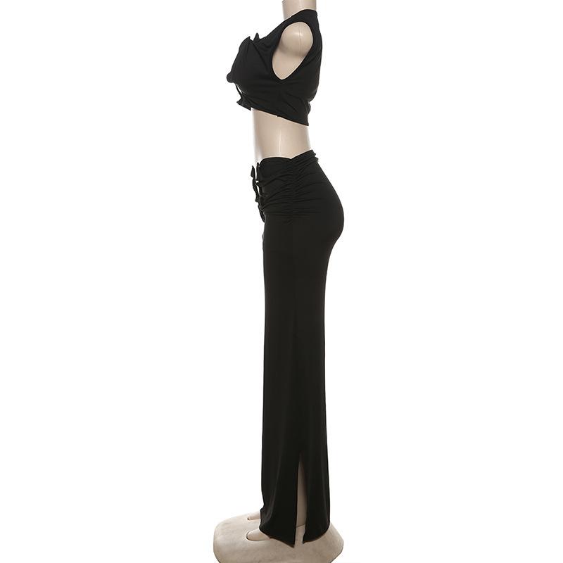 acelimosf™-Sleeveless hollow out ruched slit solid maxi skirt set