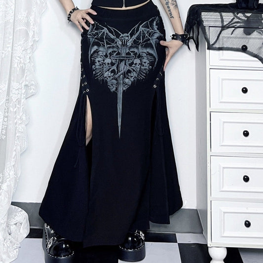 acelimosf™-High slit lace up bat print maxi skirt