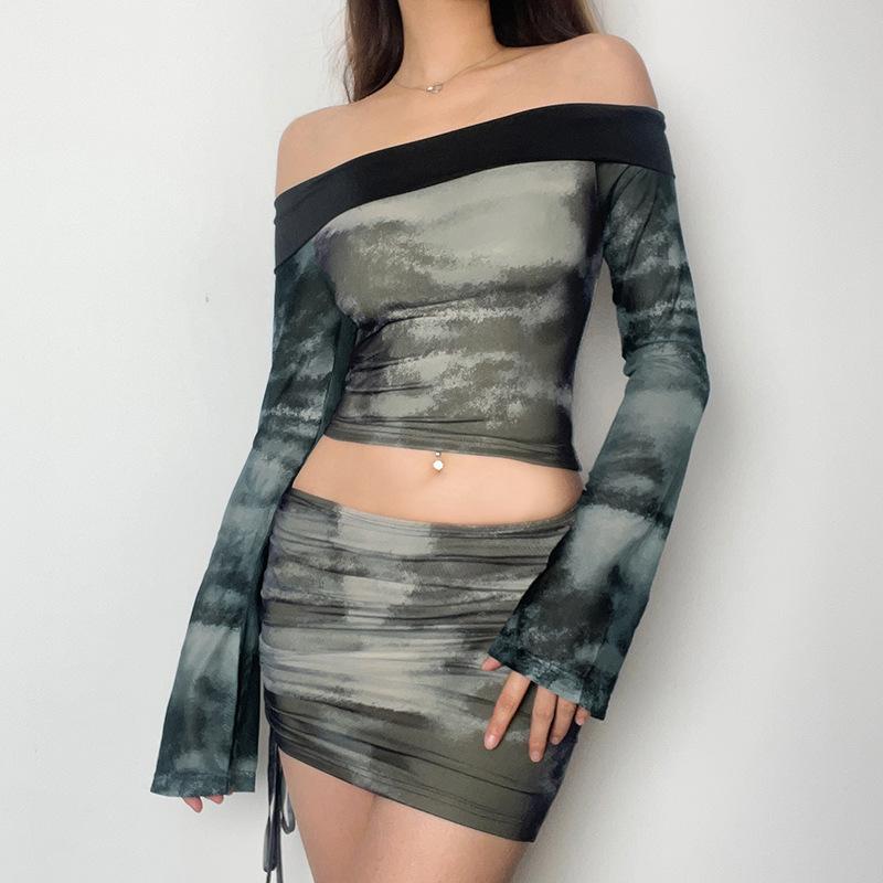 acelimosf™-Long sleeve off shoulder contrast tie dye drawstring mini skirt set