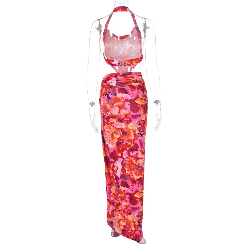 acelimosf™-Halter flower print o ring slit maxi skirt set