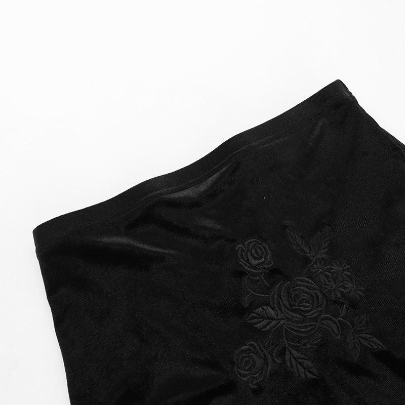 acelimosf™-Velvet embroidery flower applique lace hem ruched maxi skirt