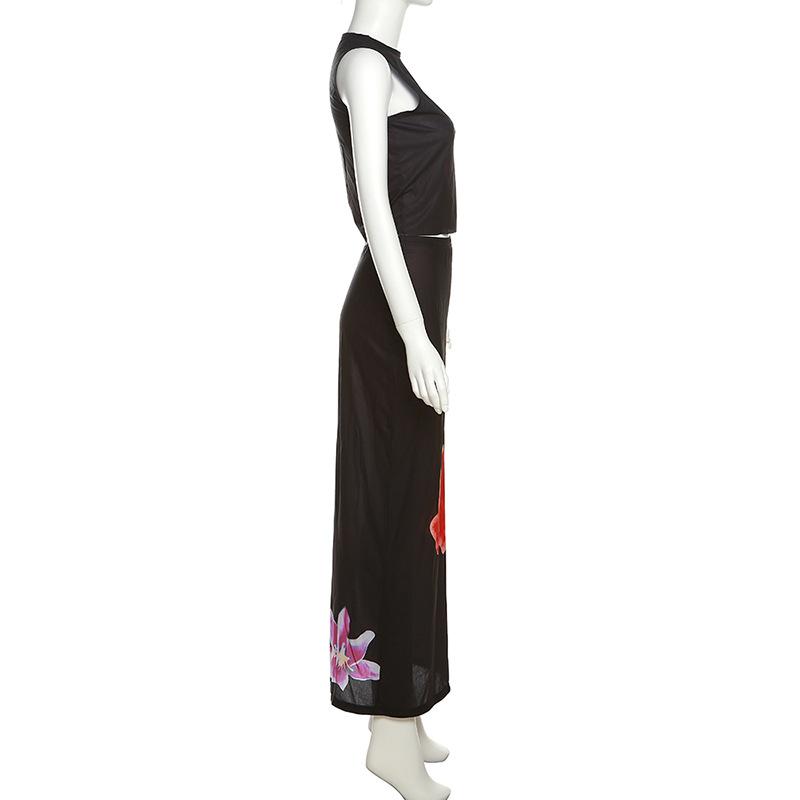 acelimosf™-Sheer mesh see through slit flower pattern contrast sleeveless midi skirt set