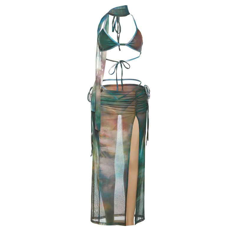 acelimosf™-Mesh tie dye halter self tie backless ruched slit maxi skirt set