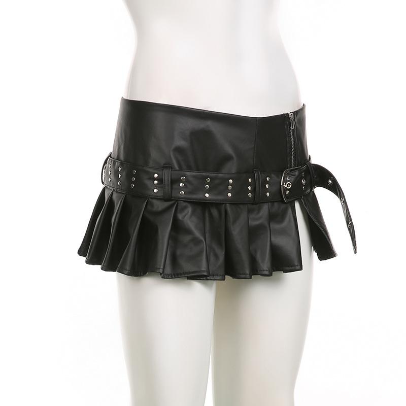 acelimosf™-Buckle zip-up pleated low rise PU leather mini skirt