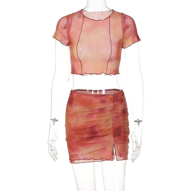 acelimosf™-Ruffled sheer mesh print short sleeve skirt set