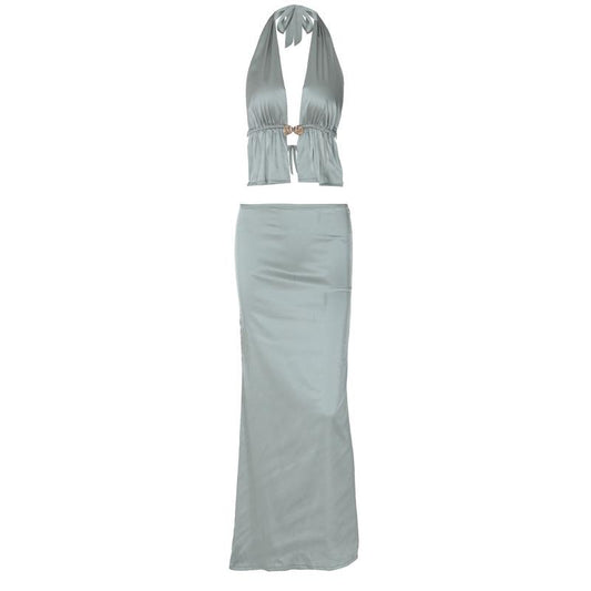 acelimosf™-Halter metal button satin backless maxi skirt set