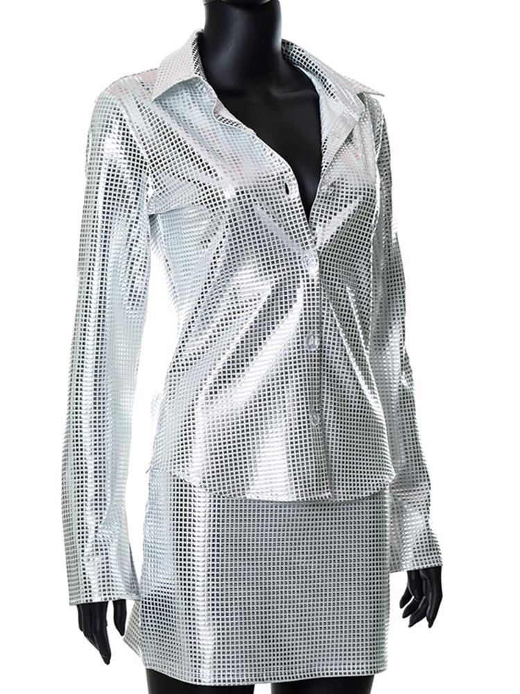 acelimosf™-Metallic button turnover collar long sleeve mini skirt set