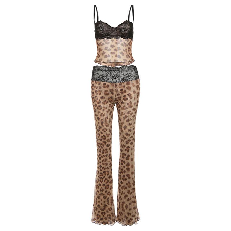 acelimosf™-Lace mesh ruffle sweetheart neck cami pant set