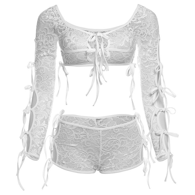 acelimosf™-Long sleeve self tie lace see through hollow out pant set