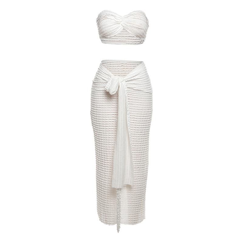 acelimosf™-Textured solid ruffle self tie knotted tube maxi skirt set