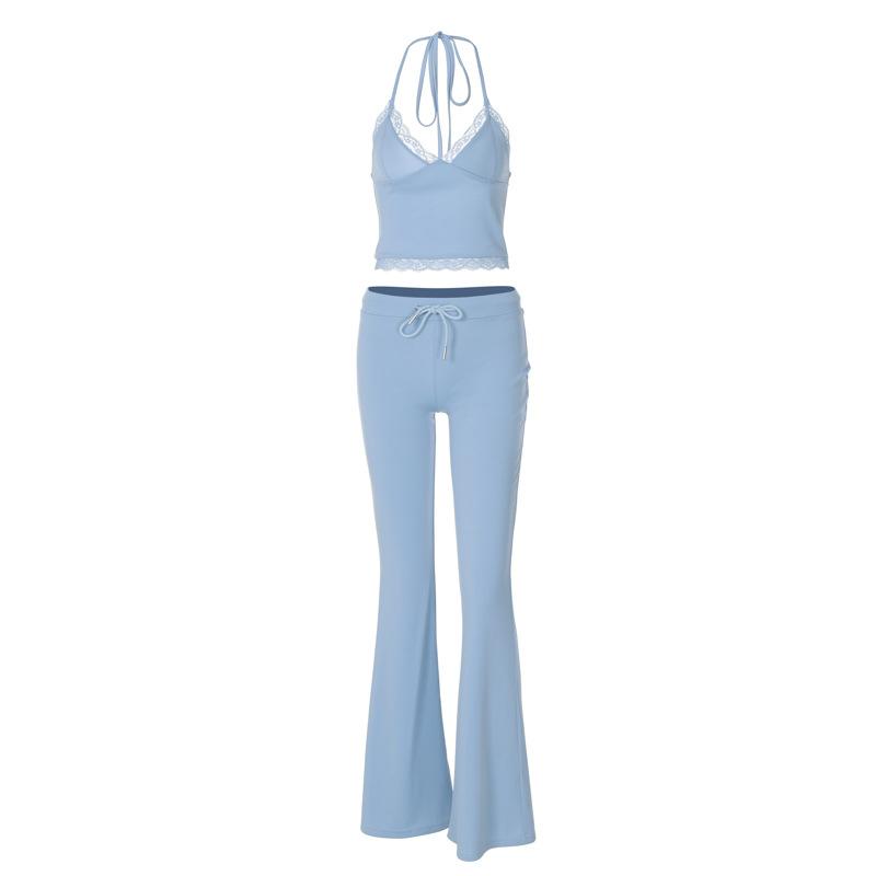 acelimosf™-Halter v neck drawstring ruched lace hem pant set