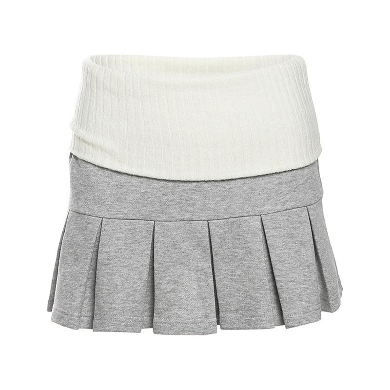 acelimosf™-Contrast knitted pleated patchwork low rise mini skirt