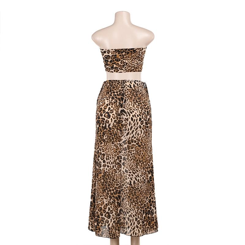 acelimosf™-Leopard print knotted self tie tube maxi skirt set