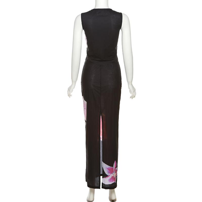 acelimosf™-Sheer mesh see through slit flower pattern contrast sleeveless midi skirt set