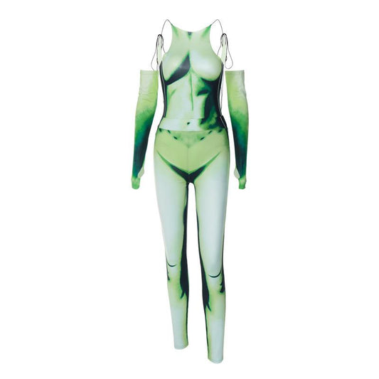 acelimosf™-Body pattern contrast gloves self tie backless bodysuit pant set cyberpunk Sci-Fi Fashion