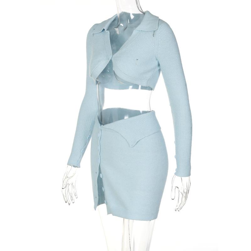 acelimosf™-Button knitted solid long sleeve turnover collar mini skirt set