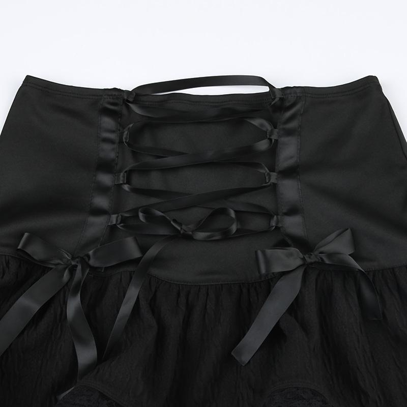 acelimosf™-Lace up ruched lace hem solid bowknot low rise mini skirt