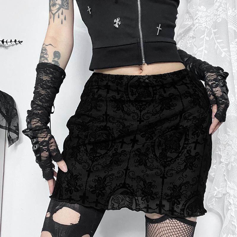 acelimosf™-Print mesh bowknot ruffle mini skirt