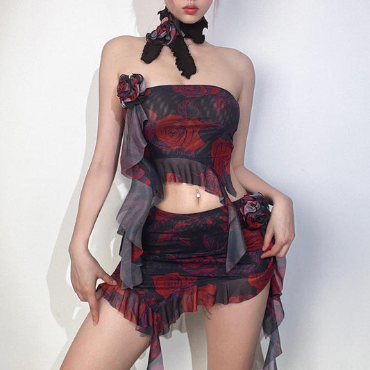 acelimosf™-Sheer mesh see through ruffle flower applique contrast print tube mini skirt set goth Alternative Darkwave Fashion goth Emo Darkwave Fashion