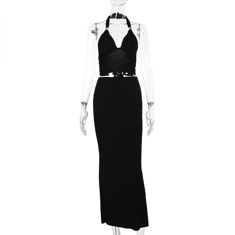 acelimosf™-Halter v neck knotted backless maxi skirt set