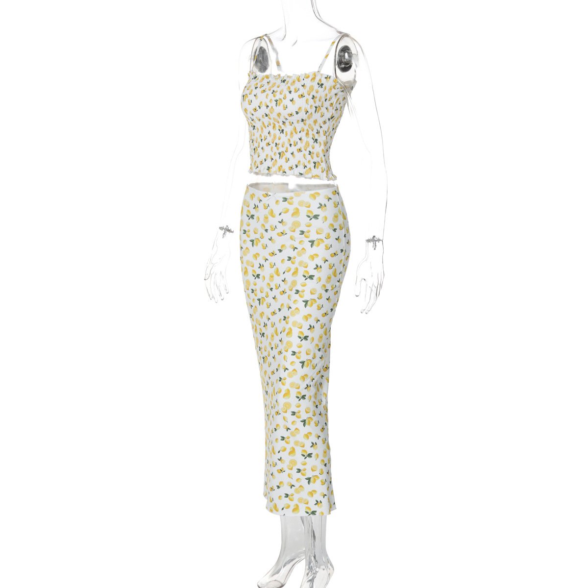 acelimosf™-Lemon print smocked cami midi skirt set