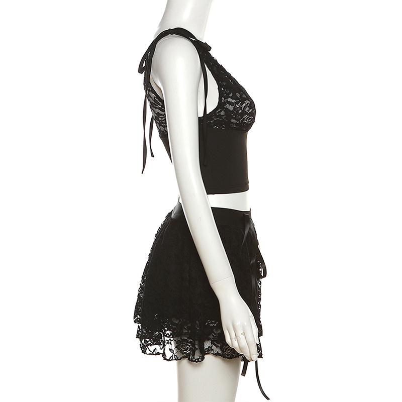 acelimosf™-Lace see through self tie v neck sleeveless ruffle mini skirt set goth Alternative Darkwave Fashion goth Emo Darkwave Fashion