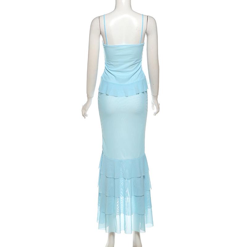 acelimosf™-Flower applique ruffle ruched sheer mesh cami maxi skirt set