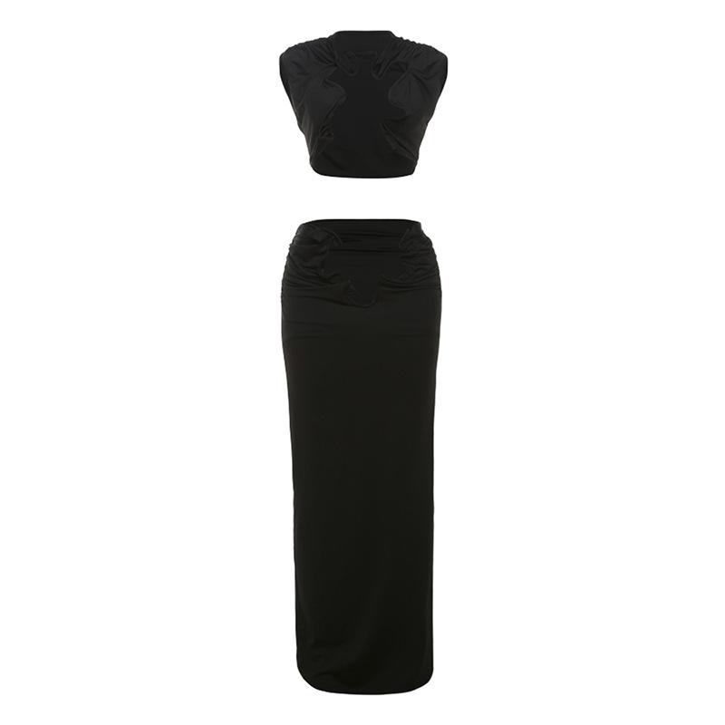 acelimosf™-Sleeveless hollow out ruched slit solid maxi skirt set