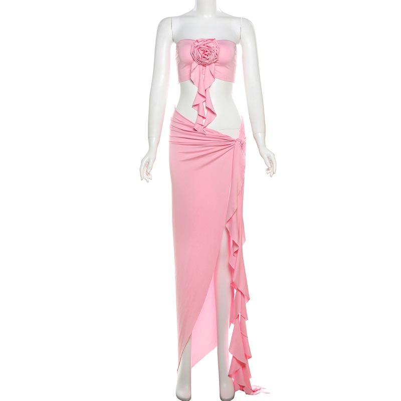 acelimosf™-Flower applique high slit ruffle maxi skirt set