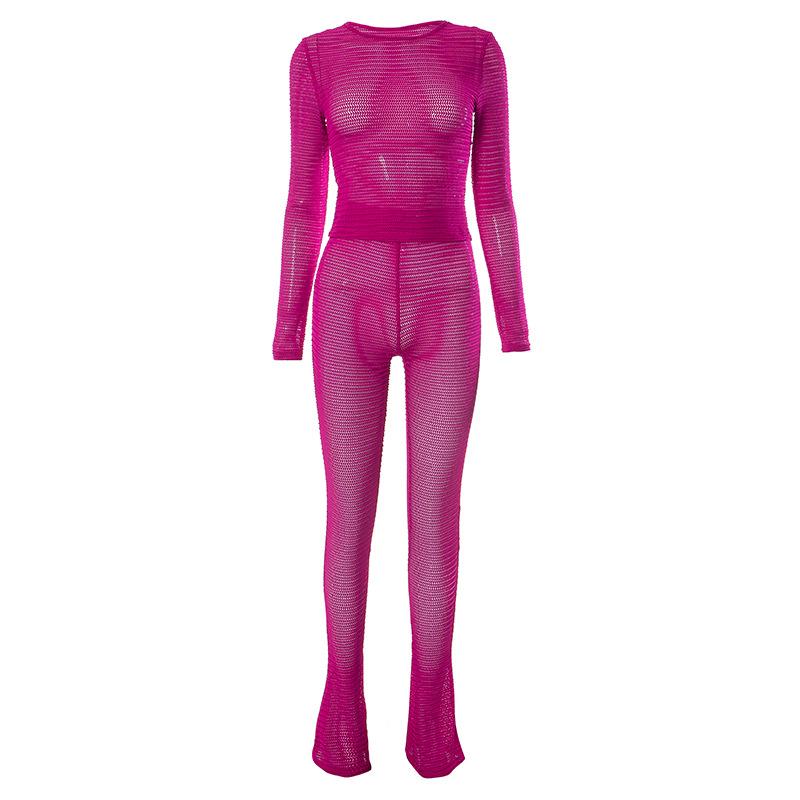 acelimosf™-Long sleeve textured crewneck see through solid pant set y2k 90s Revival Techno Fashion