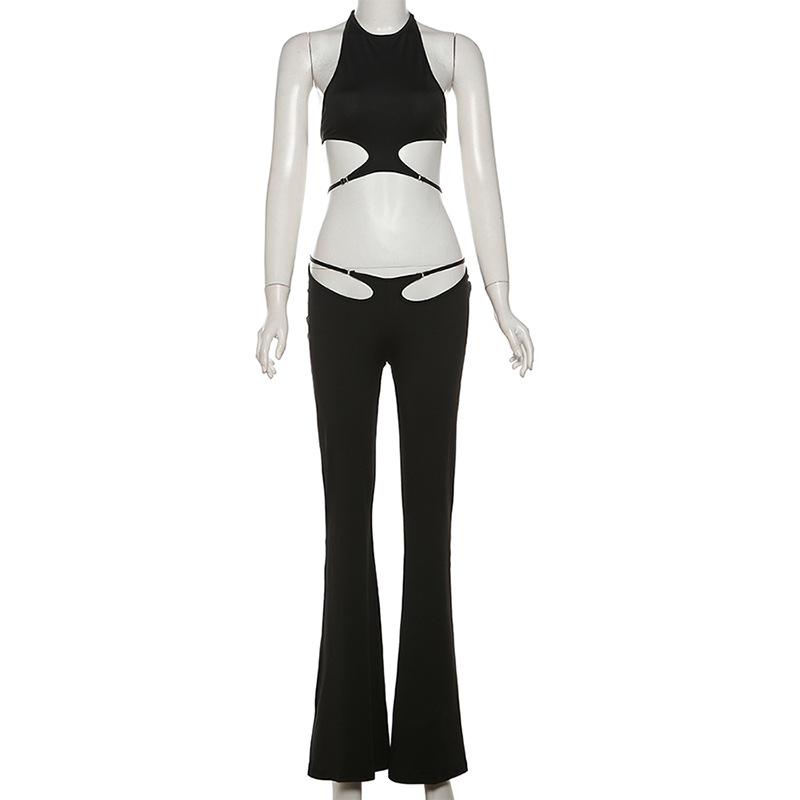 acelimosf™-Halter hollow out solid backless pant set