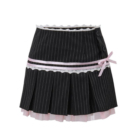 acelimosf™-Pleated striped button lace hem bowknot stitch mini skirt