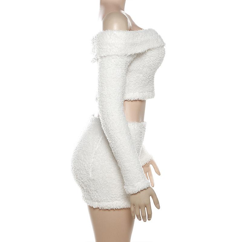 acelimosf™-Fluffy solid off shoulder long sleeve mini skirt set