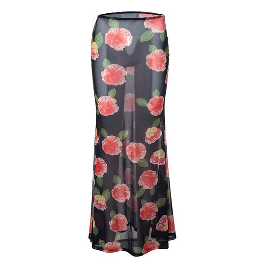 acelimosf™-Sheer mesh flower print contrast maxi skirt